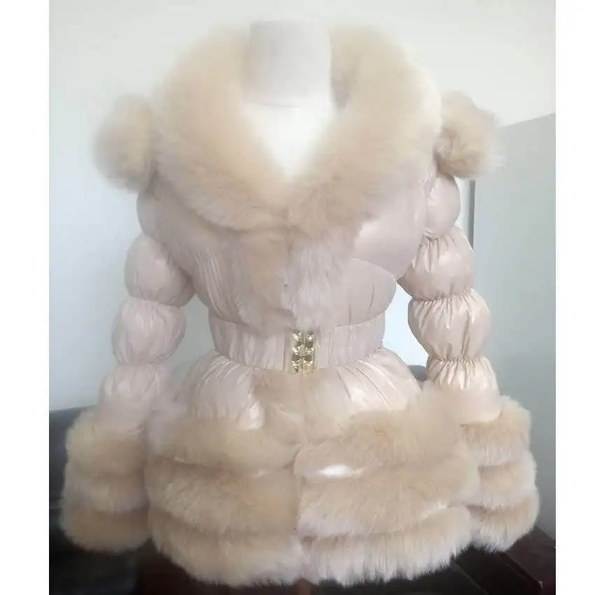 Soprabito inverno caldo giacca antivento donna soffice collo in pelliccia sintetica piumino d'anatra bianco cappotto invernale con cappuccio