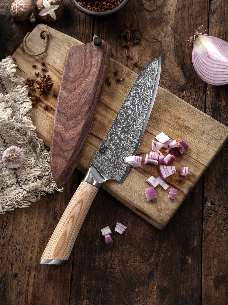 67-layer steel V gold 10 Damascus kitchen knife 7 inch Chef Knives Cleaver 60 HRC high hardness knife Wooden scabbard gift