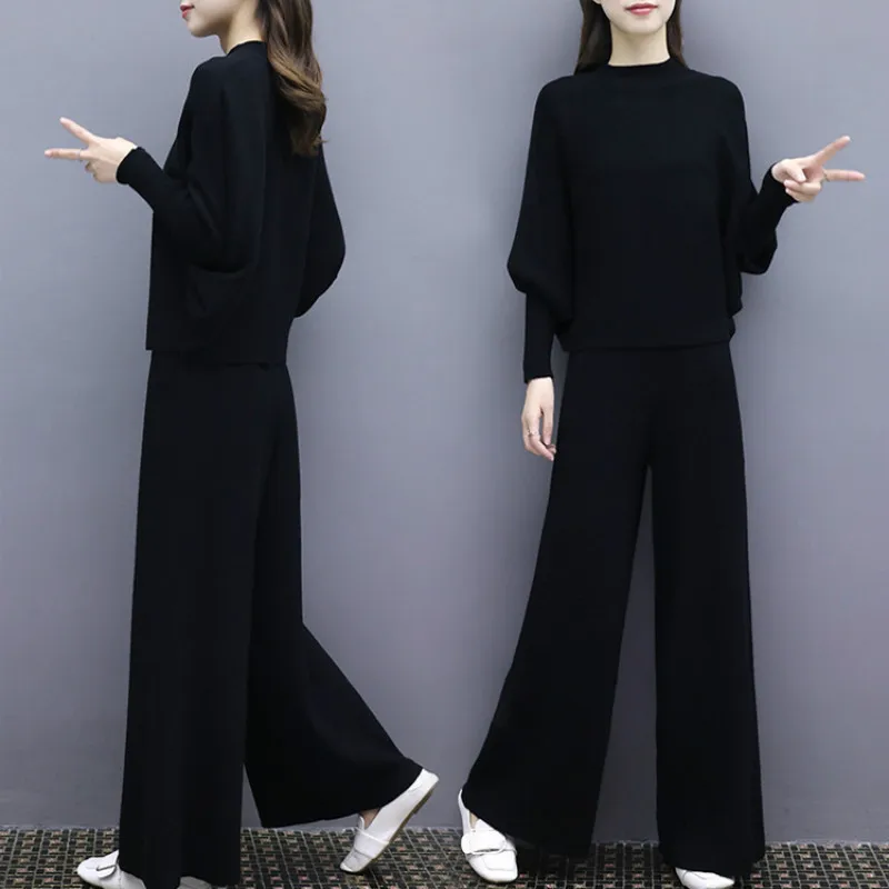 

2 Piece Set Women2022 Autumn New Fashion Women's Bat Sleeve Knit Wide Leg Pants Suit Female Loose Two-piece Female
