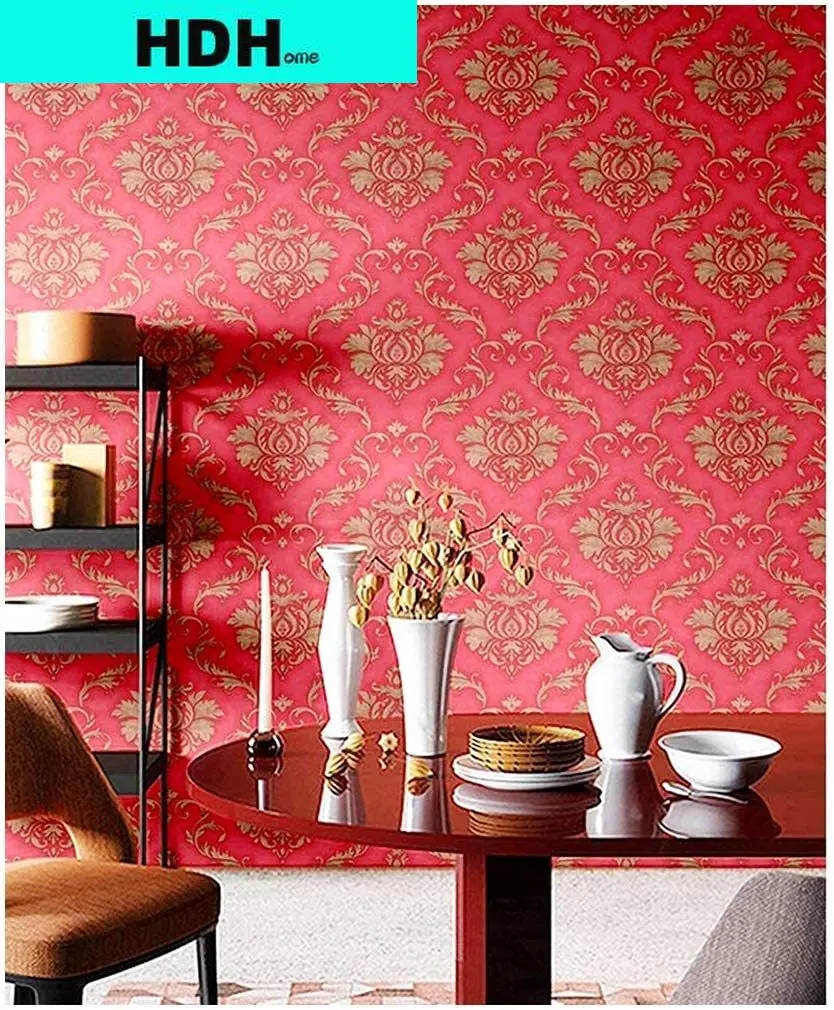 Hdhome Rood Goud Damasks Schil En Stok Behang Pvc Waterdichte Muur Decor Vinyl Removal Zelfklevende Contact Papier Decoratieve