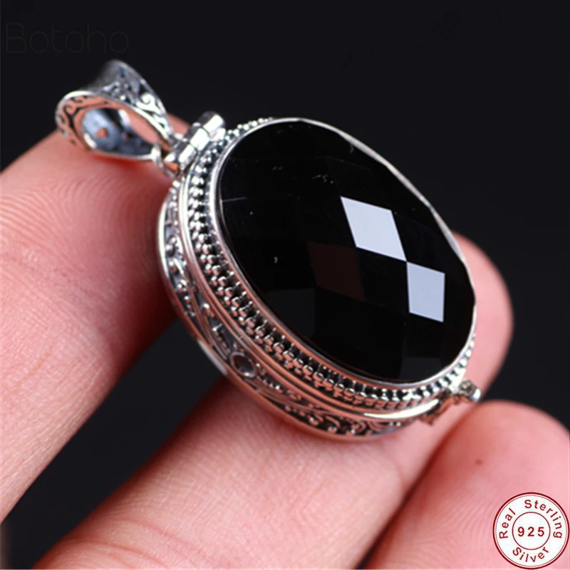 

S925 Silver colour Tibetan Gau Box Pendant Women Vintage Black Stone Sterling Silver colour Buddhist Prayer Box men Pendant