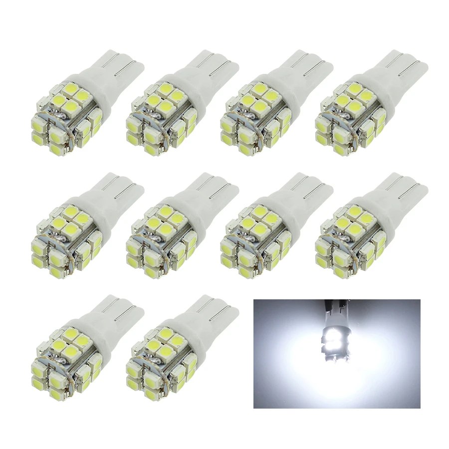 10Pcs T10 LED 따뜻한 흰색 자동차 램프 3528 20-Smd 168 192 W5W 전구 자동 돔 독서 웨지 조명 6500K 4300K 12V