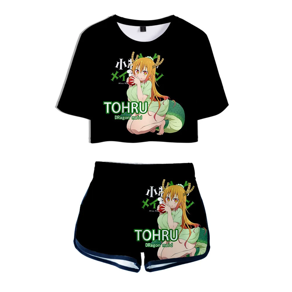 Anime Miss Kobayashi's Dragon Maid Kanna Kamui Tohru Cosplay Costume Short Sleeve Crop Top + Shorts Sweat Suit Women 2 Piece Set