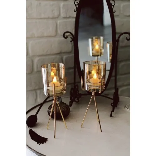 Rigging House 2'li Water Burning Yellow LED Lighted Bronze Glass Candle holder