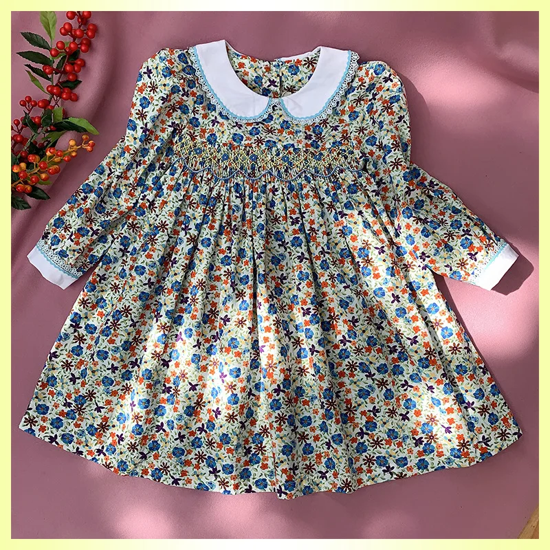 Smocked Dress for Kids Girls 2023 Autumn Long Sleeve Floral Elegant Princess Cotton Dresses Girls Vintage Flower Print Outfit