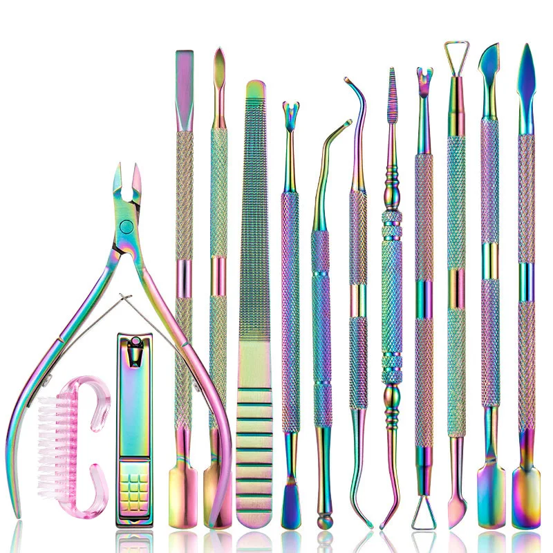 Ferramentas de arte do prego do aço inoxidável do arco-íris Empurrador de cutícula Removedor de pele morta Remover Gel Polonês Nipper Cleaner Ferramenta de cuidados Pedicure Manicure Set