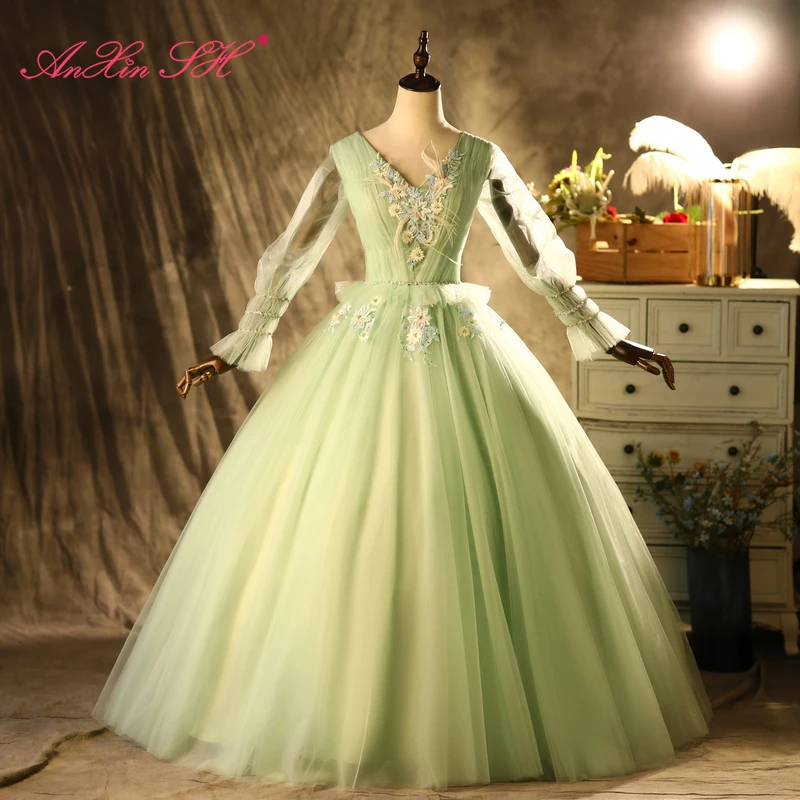 AnXin SH vintage princess green lace v neck beading crystal long sleeve ball gown ruffles stage customized evening dress