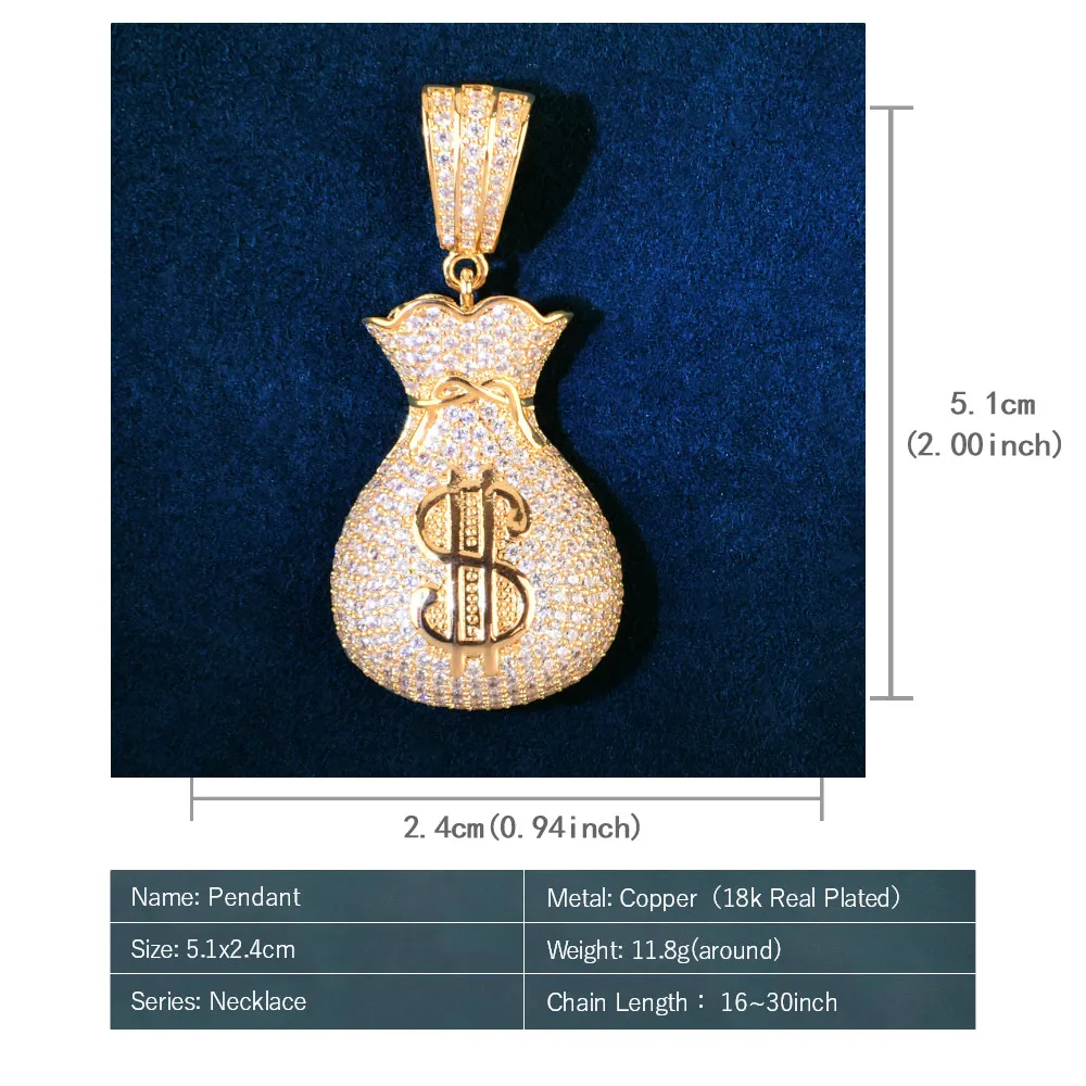 Gold Color Dollar Bag Pendant For Men Hip Hop Necklace Chain Micro Pave Zircon Rock Rapper Jewelry