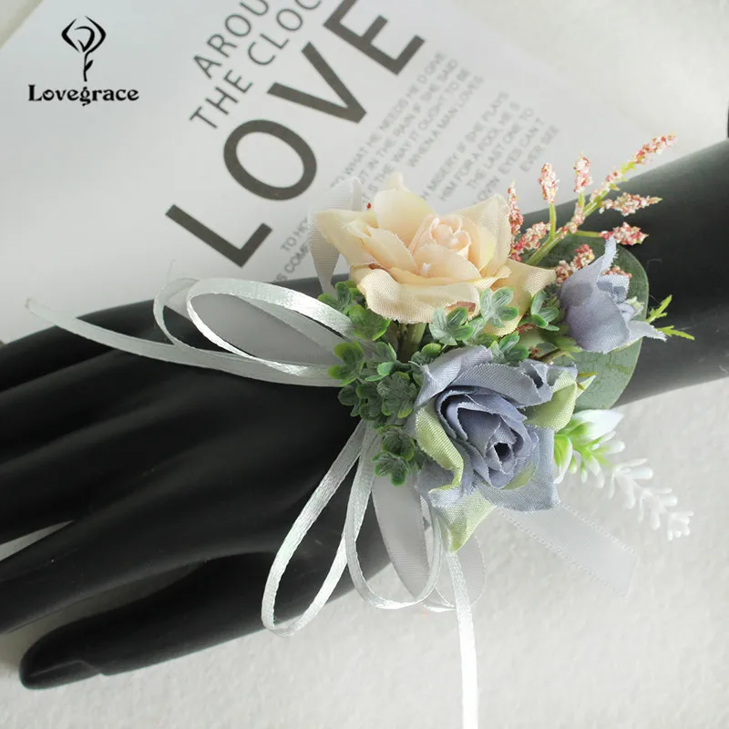 Lovegrace Wedding Boutonniere Bloem Bruidsmeisje Pols Corsage Armband Bruidegom Boutonniere Huwelijk Bruiloft Getuige Roze Zijde Roos