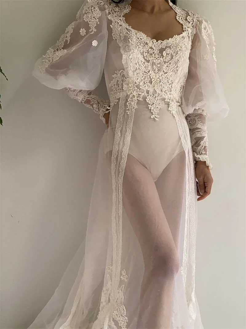 White Lace Sequined Tulle Long Sleeve Bridal Wrap Sexy Kimono Pregnant Party Sleepwear Women Bathrobe Sheer Nightgown Robe