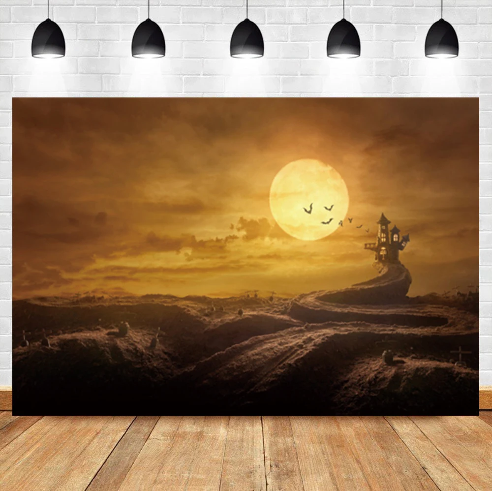 

Laeacco Dusk Sunset Clouds Moon Pathway Castle Bats Photography Backgrounds Photo Backdrops Happy Halloween Photocall Photophone