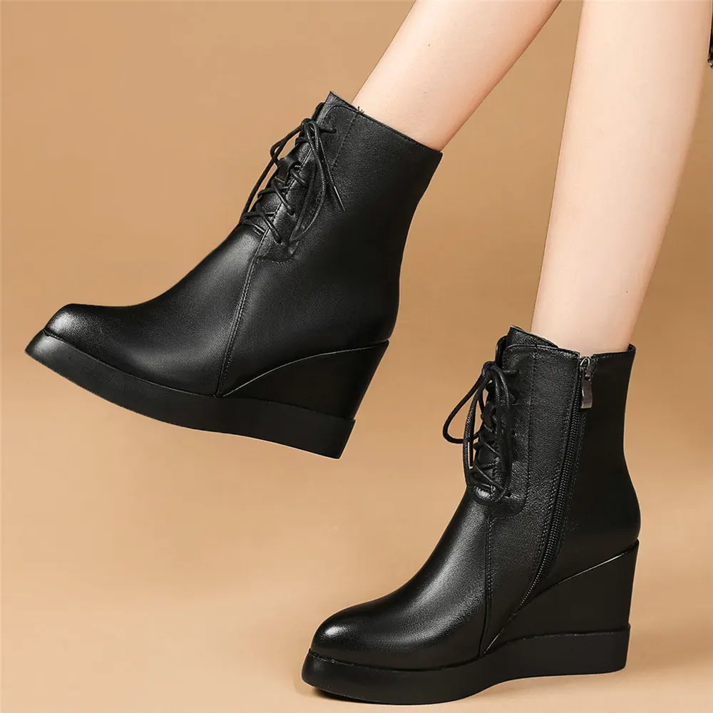 Winter Warm Fashion Sneakers Women Lace Up Genuine Leather Wedges High Heel Pumps Shoes Female High Top Platform Punk Snow Boots