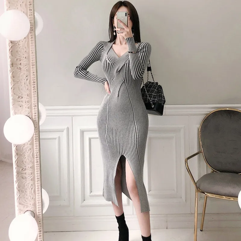 

Sexy V-neck Bodycon Dress Autumn Winter Women Long Sleeve Split Chic Elegant Knitting Sweater Dresses