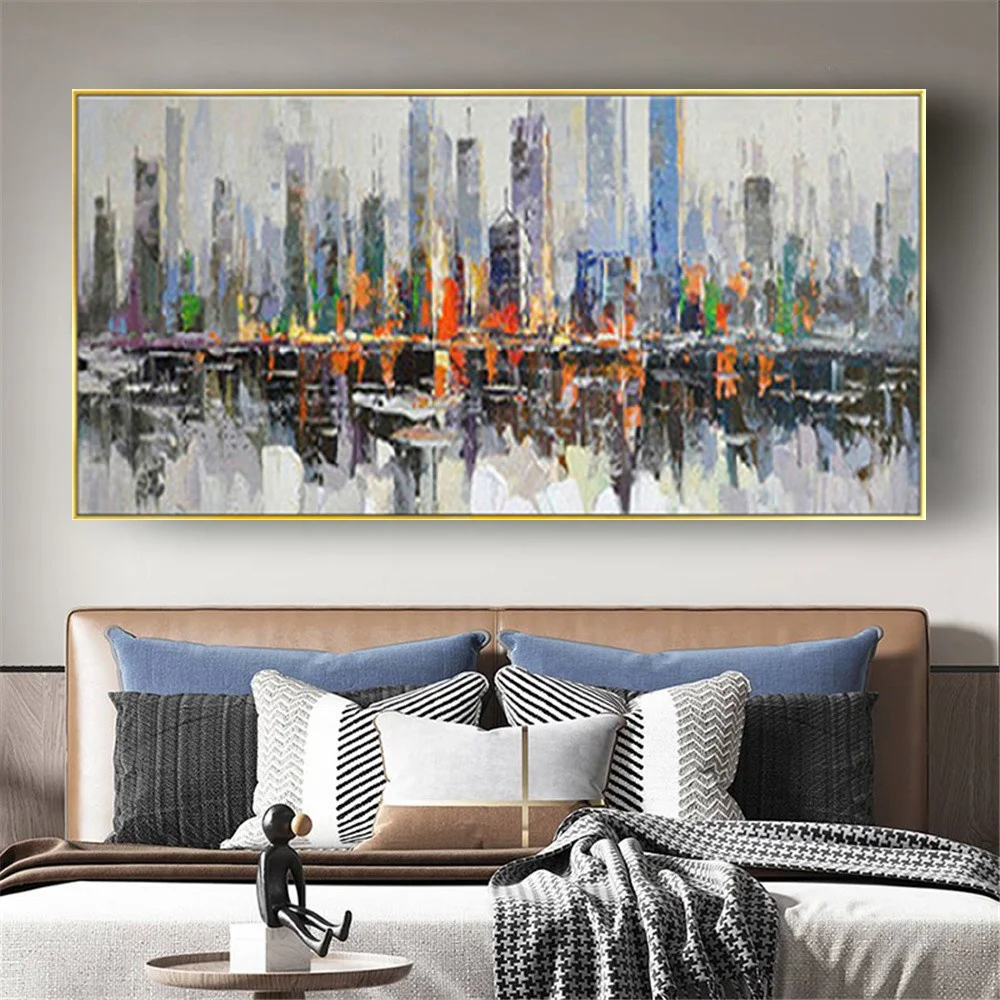 100% Hand-Painted Oil Painting Abstract City Panorama Wall Art Large Long New York Canvas Poster Modern Living Room Decor Gift