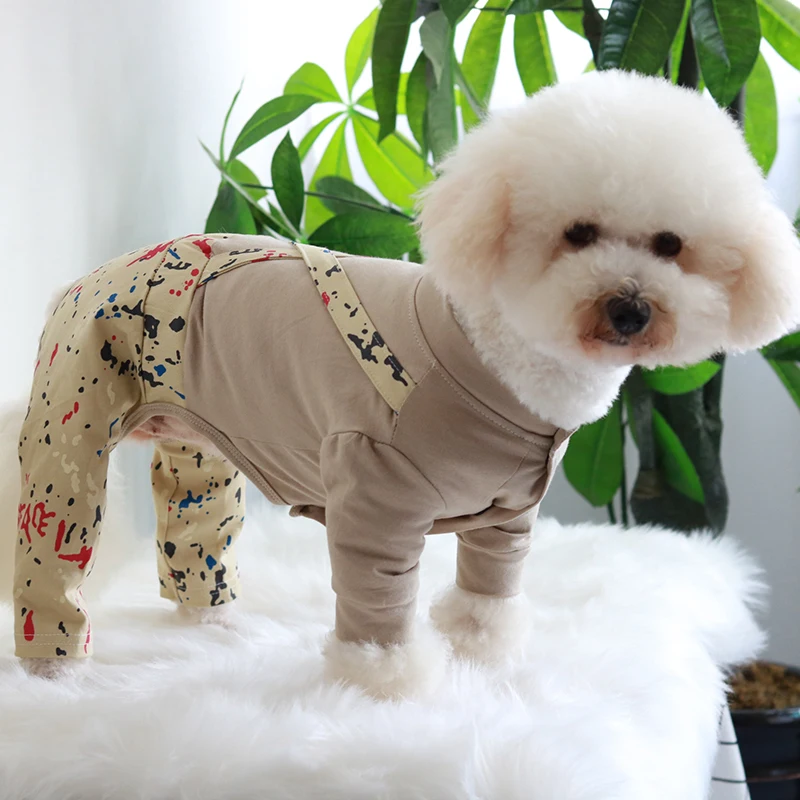 Pet Dog Jumpsuit Stretch Cotton Fake Two Pieces Overalls  Dungarees Puppy Clothes For Small Dogs Pajamas Long Sleeve Sweatshirt