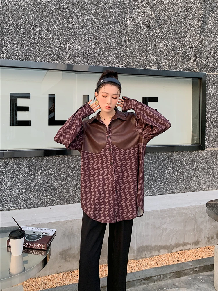 CHEERART Shacket Women Baggy Shirt Pu Leather Patchwork Button Up Collared Shirt High Fashion Long Sleeve Blouse Fal Clothes
