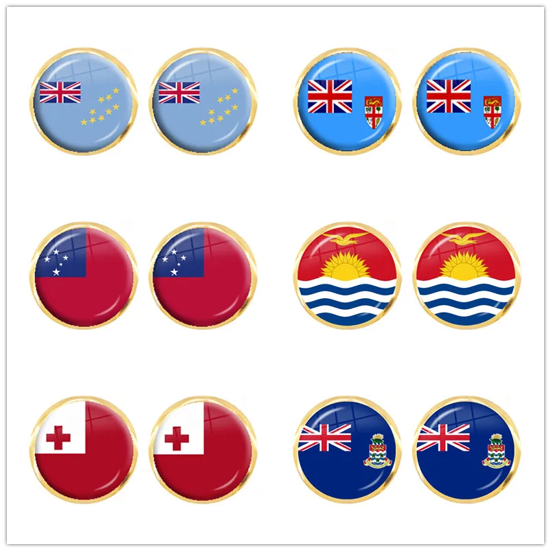 Solomon Islands,Vanuatu,Tuvalu,Fiji,Samoa,Kiribati,Tonga National Flag 12mm Glass Cabochon Stud Earrings for Women Girls Gift