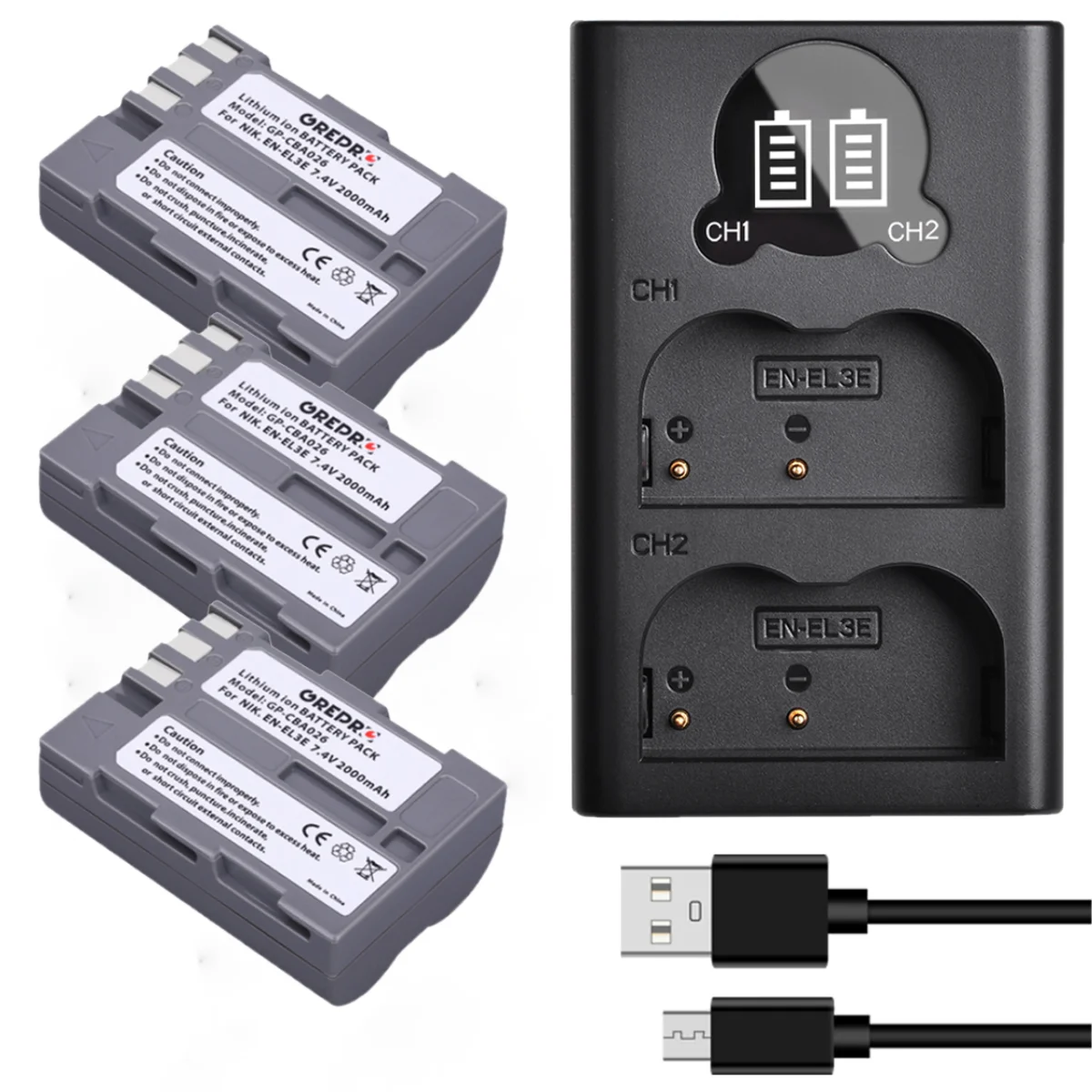 2000mAh EN-EL3e EN EL3e Battery + Charger with USB and Type-C Port for Nikon D90 D80 D70 D700 D50 D70s D300s D100 D200 SLR