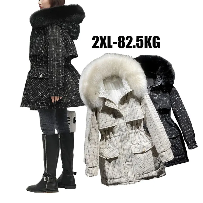 

Large Natural Fox Fur Hooded Winter Down Coat Women 90% White Duck Down Jacket Thick Warm Parkas Mid-length Female Outerwear new