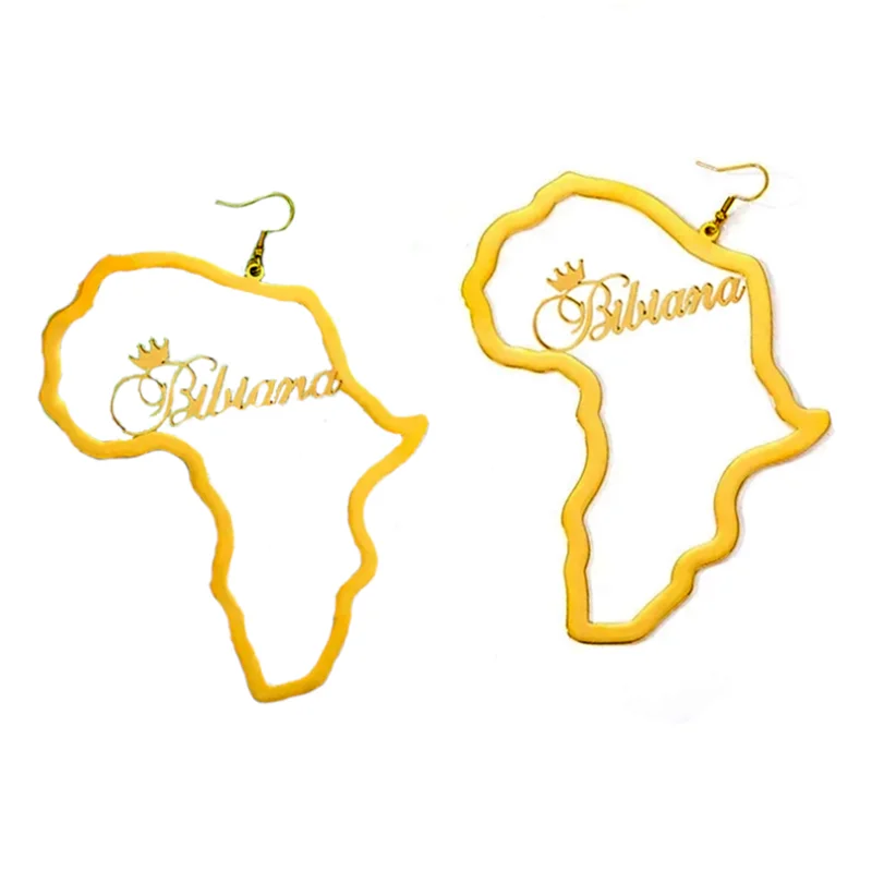 

Custom Big African Map Name Earrings For Women Personalized Name Crown Heart Namplate hoop Earrings Gifs Cooper Jelwery