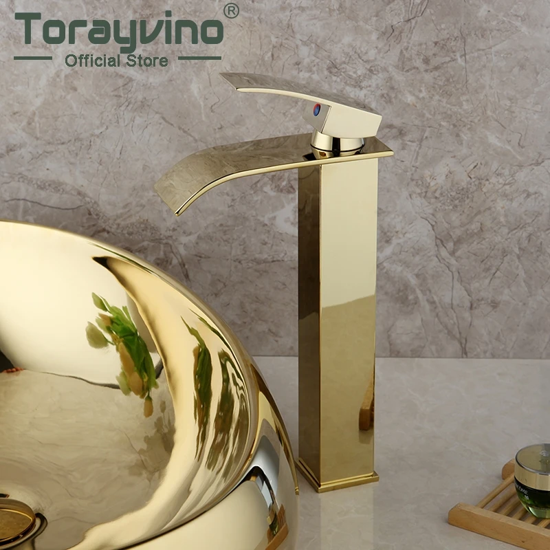 

Torayvino Bathroom Faucet Basin Faucet Waterfall Tap Solid Gold Faucet Single Handle Water Sink Tap Mixer Bathtub Room Tap