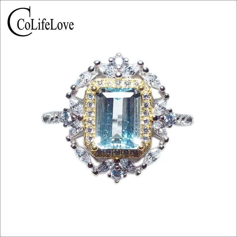 CoLife Jewelry Fashion Aquamarine Ring for Daily Wear 6mm*8mm Natural Aquamarine Silver Ring 925 Silver Aquamarine Jewelry