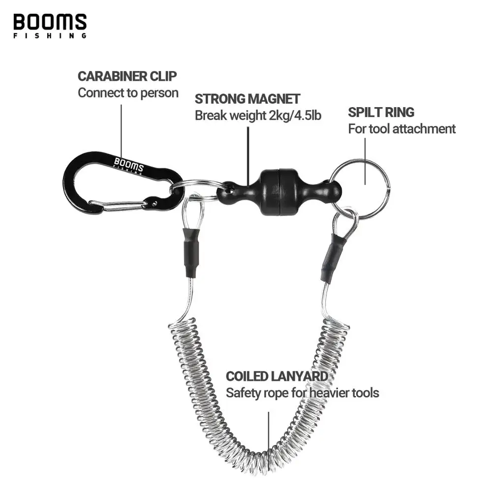 Booms Fishing MRC Magnetic Release Clip Net Holder with Fishing Tool Coiled Lanyard 1.5m Black