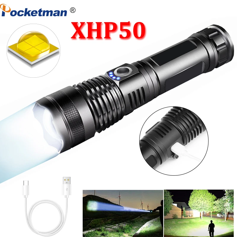 

POCKETMAN XHP50 LED Flashlights Over 500M Long Range USB Rechargeable Flashlight Waterproof Torch Zoomable Hand Light