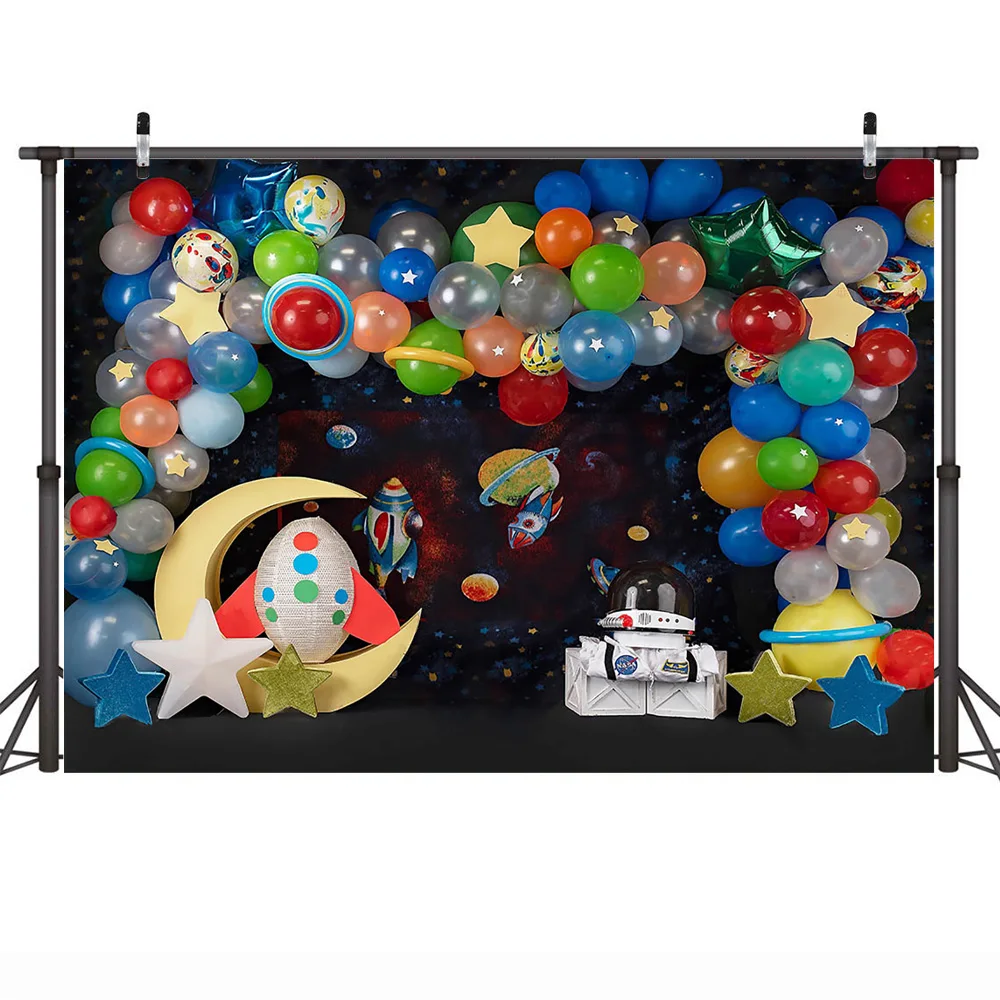 Фон для портрета новорожденного маленького астронавта, воздушные шары, настенный торт на день рождения, разбивающийся фон, луна, звезды, космическая галактика, фотосессия