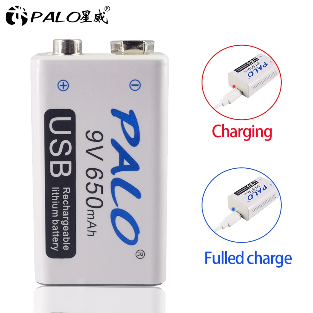 PALO micro USB 9V Lithium Rechargeable Battery 650mAh 6F22 9V li-ion battery for RC Helicopter Model  Microphone 9 Volts Crown