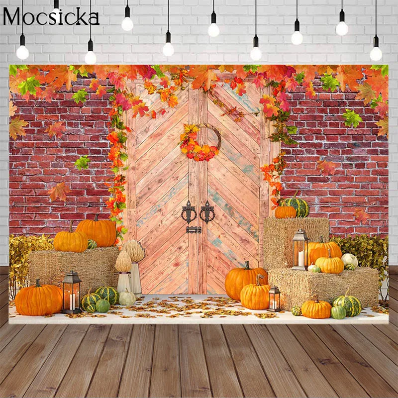 

Autumn Thanksgiving Backdrop Retro Vintage Brick Wall Fall Harvest Pumpkin Maple Leaf Decor Background Kid Portrait Photo Studio