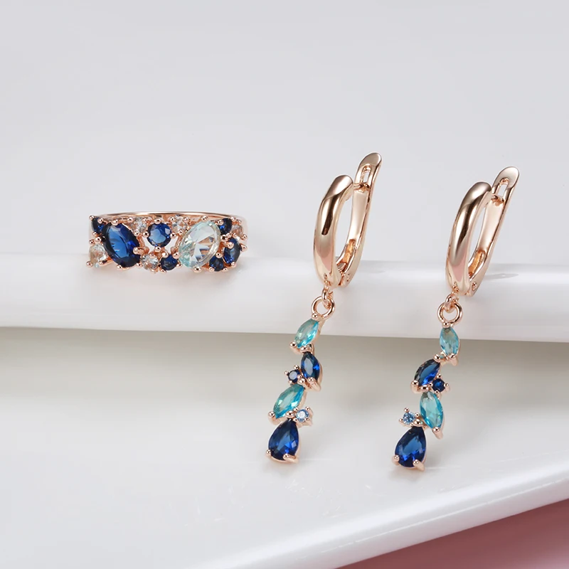 Kinel New Blue Water Drop Long Earrings 585 Rose Gold Romantic Wedding Women Fashion Jewelry Horse Eye Natural Zircon Earrings