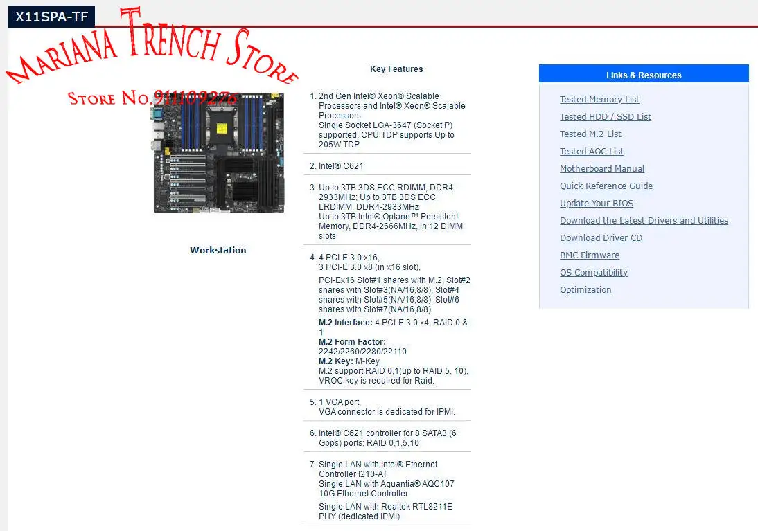 X11SPA-TF for Supermicro Motherboard 2nd Gen Xeon Scalable Processors LGA-3647 DDR4 PCI-E 3.0 M.2