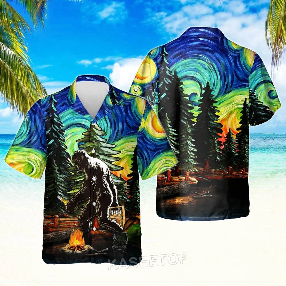 

Mens Beach Bigfoot Starry Night Shirt Aloha 3D Print Hawaiian Shirt Casual T Shirt Button Wild Blouses Oversize Streetwear Tops