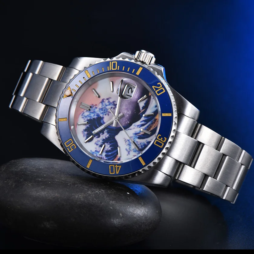 Kanagawa Aseptic Blue Surface Men\'s Automatic Mechanical Watch Watch Stainless Steel Blue Ceramic Ring