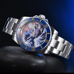 Kanagawa Aseptic Blue Surface Men's Automatic Mechanical Watch Watch Stainless Steel Blue Ceramic Ring