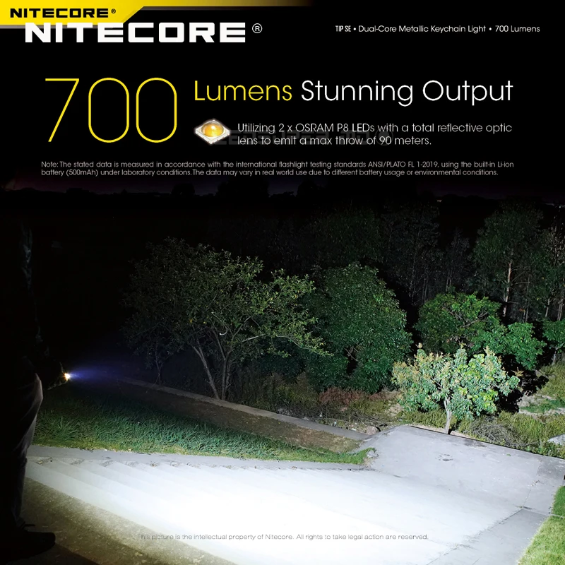 NITECORE TIP SE USB-C Lumens, lampe de poche EDC, porte-clés métallique double cœur, batterie Li-ion intégrée, 700