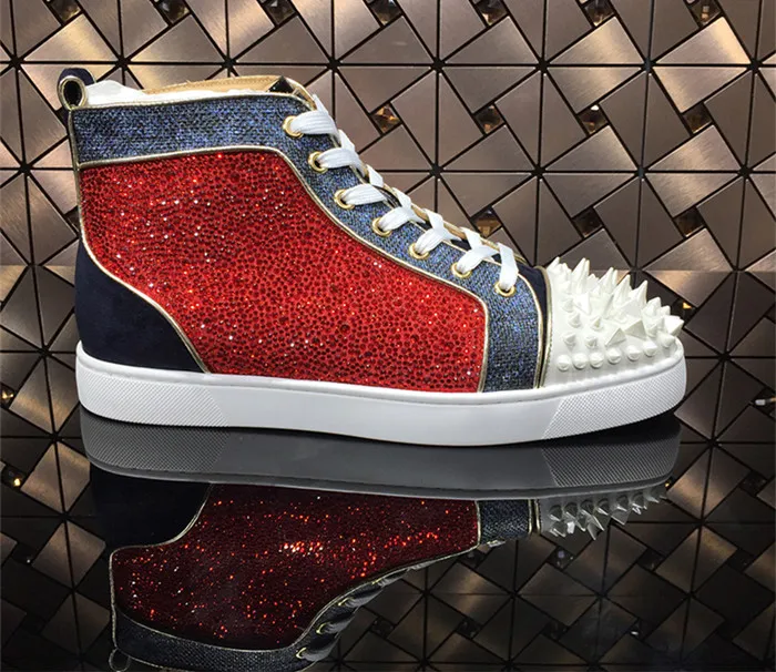 SHOOEGLE Luxury Crystal Spikes Men Shoes Rivets Red White Platform Sneakers Mens High-Top Lace-up High Quality Motorcycle Shoe