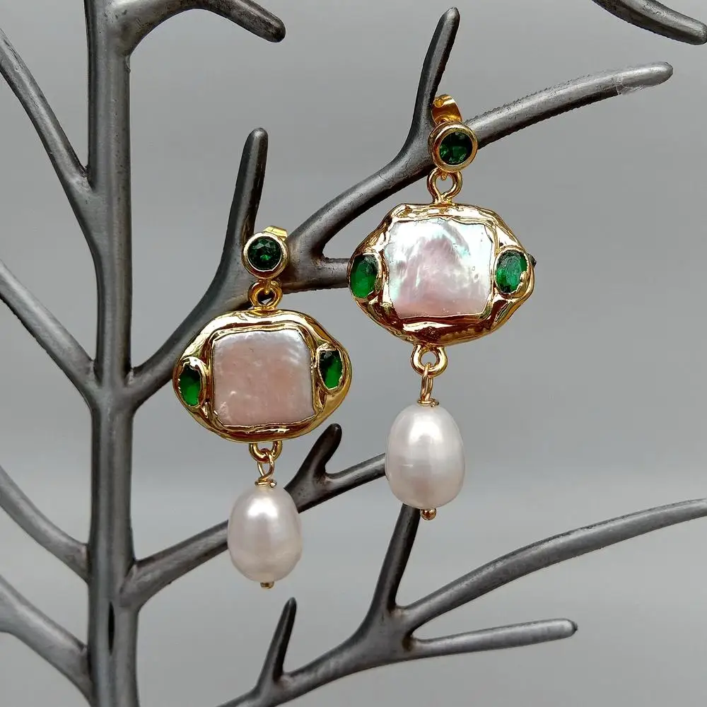 YYGEM Freshwater Cultured White Square Pearl Rice Pearl Green Crystal Dangle Stud Earrings