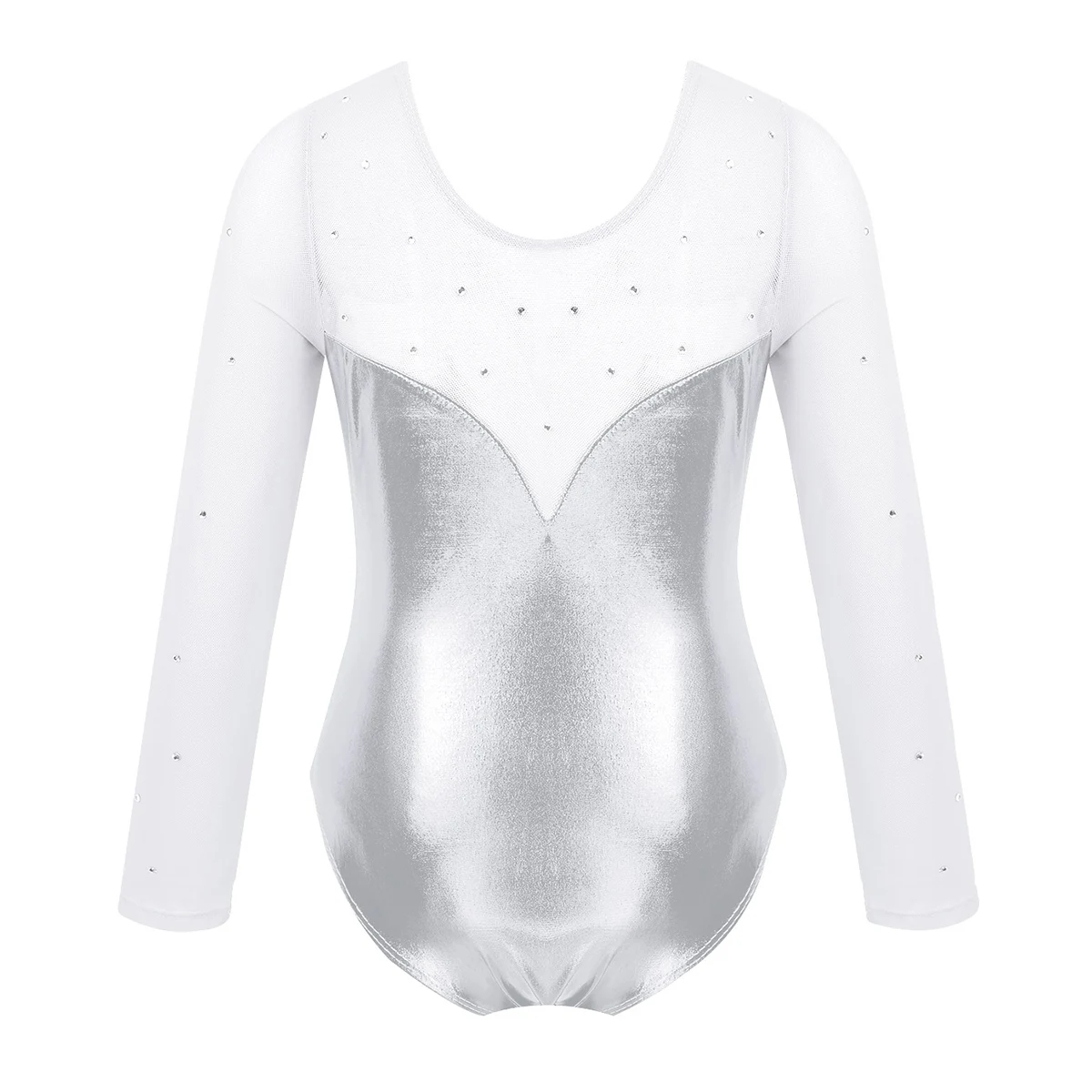 Kids Girls Sparkly Rhinestone Metallic Long Sleeve Mesh Ballet Dance Gymnastics Leotard Bodysuit Jumpsuit Modern Dancewer