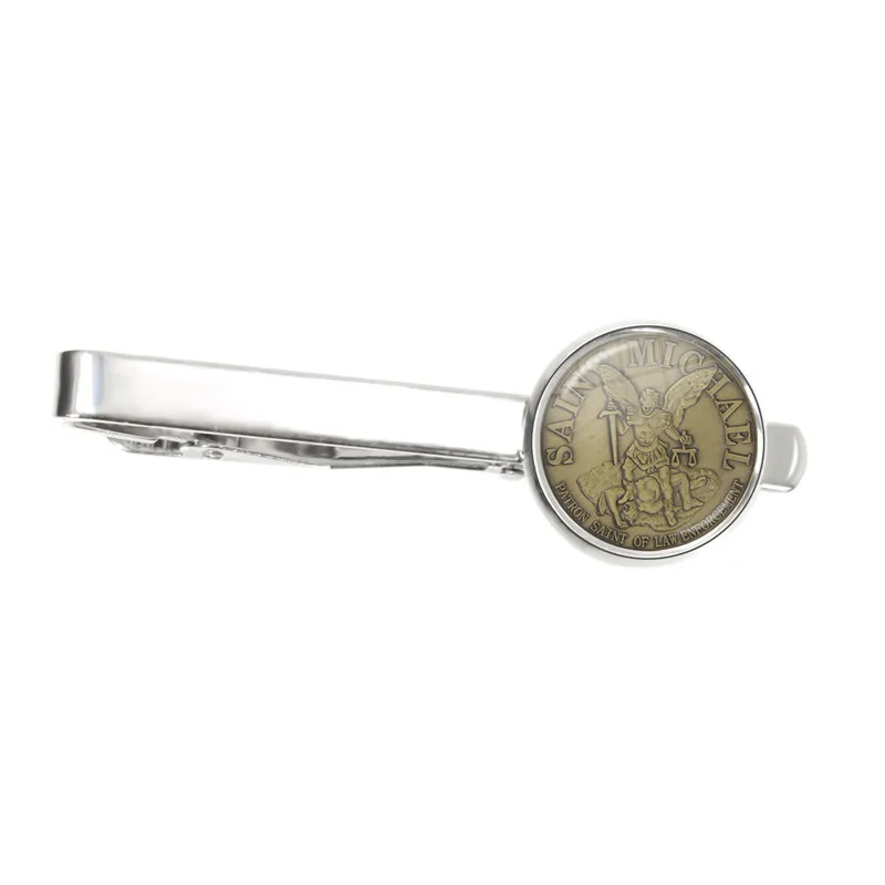 Men Silver Color Tie Clasp Clip Clamp Pin Archangel St.Michael Protect Me Saint Shield Protection Charm Russian Orhodox Tie Clip