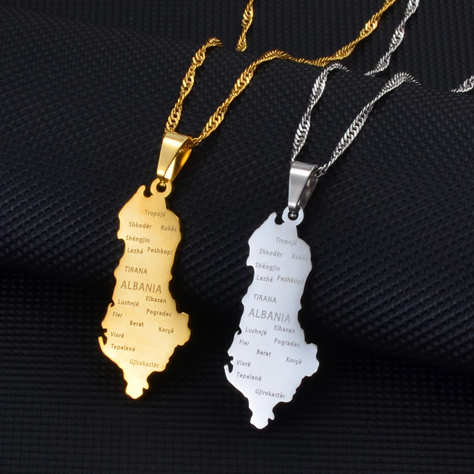 Anniyo Albania Map With Cities Pendant Necklaces Gold Color/Silver Color Albanian Jewelry #214221