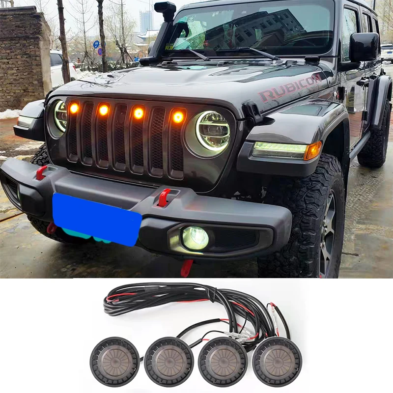 4pcs Car Led Working Yellow Front Grill Light Daytime Running Lamp for 2018-2021 Jeep Wrangler JL Decoration Light