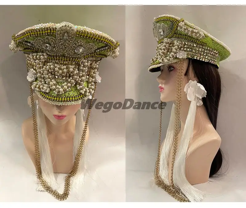 Gorra de lentejuelas de cristal de diamantes de imitación hecha a mano, sombrero embellecido ardiente, sombreros militares del Festival del capitán final, a medida