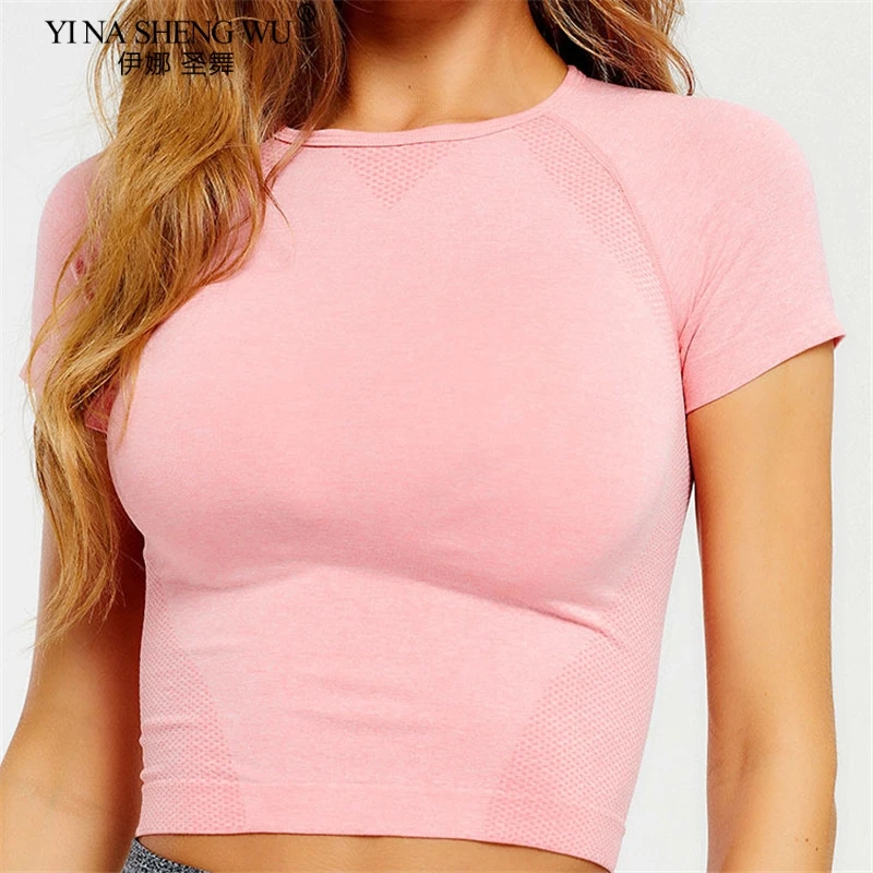 

Sport Yoga Tops Women Fashion Seamless Yoga Shirts Quick Dry High Elastic Breathable Short Sleeve Female Solid Color Sportswear