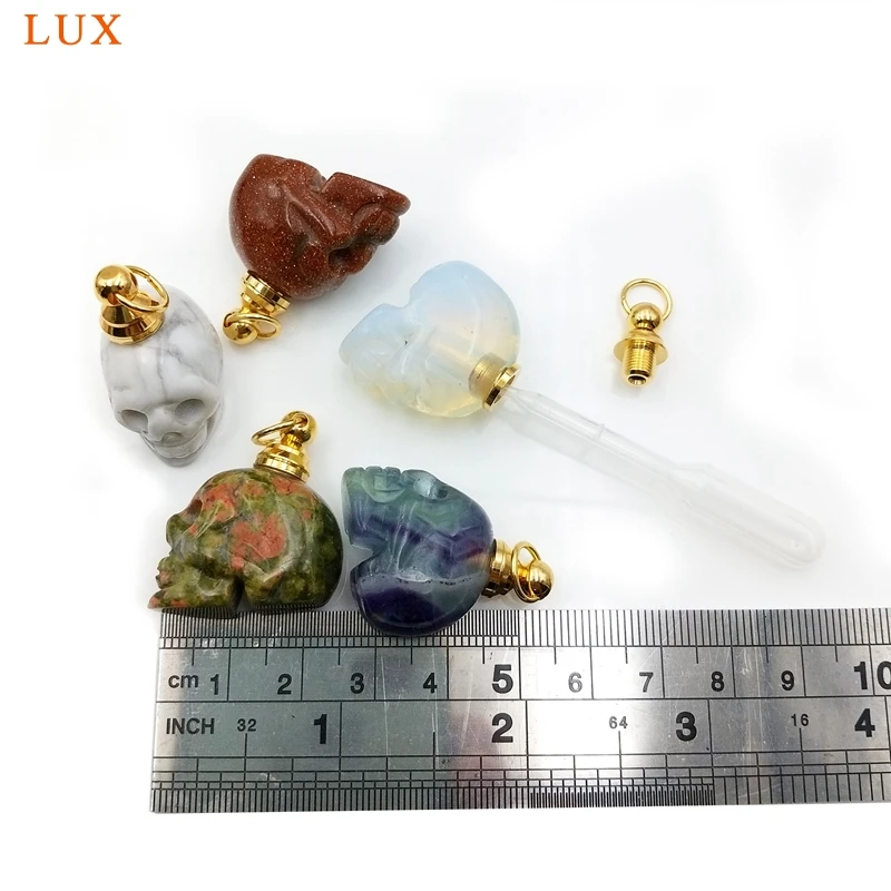 Natural Gemstone Skull Pendant, Crystal Perfume Bottle Essential Oil Diffuser Vial, Stone Handmade Carvings Malachite Amethyst