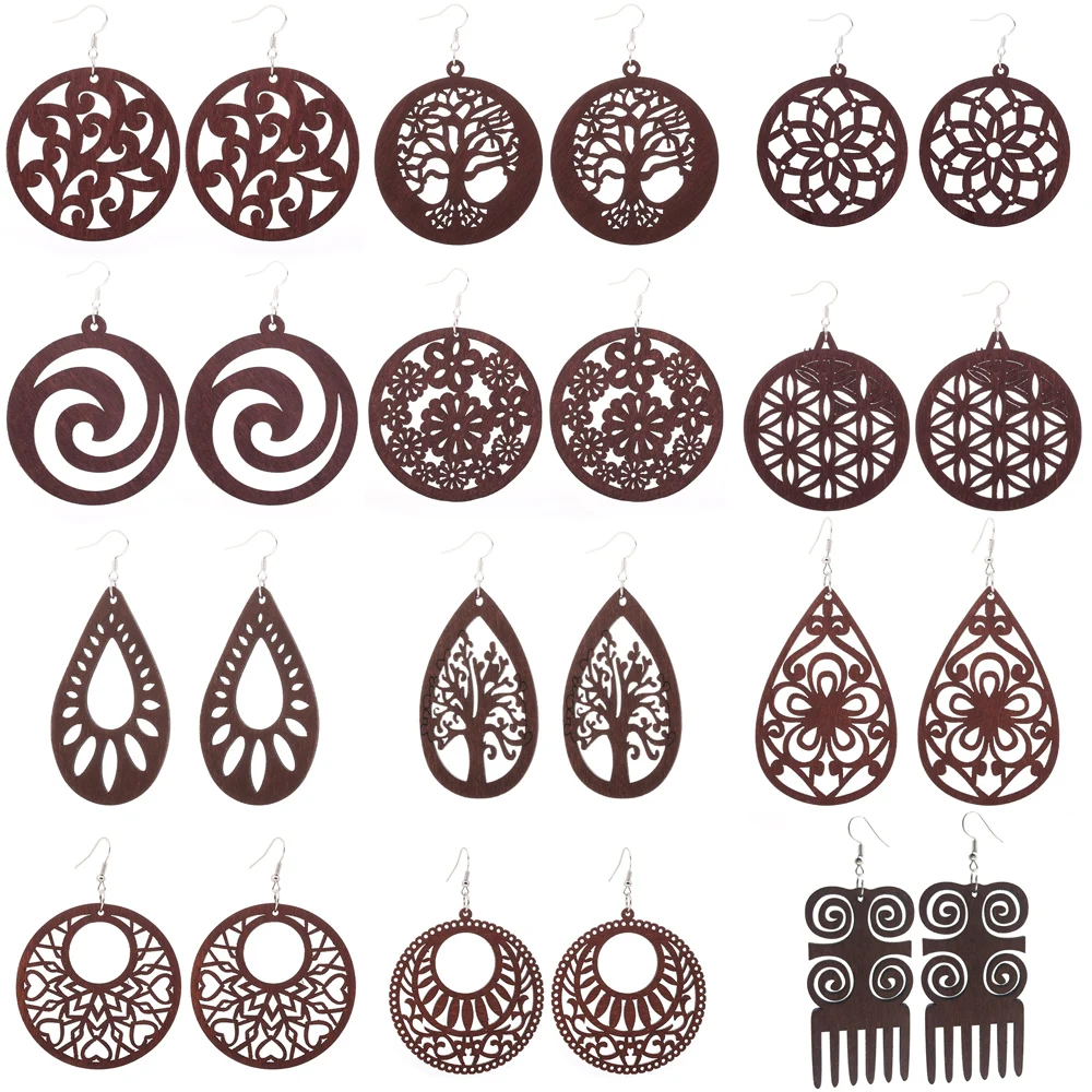 Roform Wholesale 12 Pairs Good Quality Long Wood Earrings brown Hollow African style Earings for women Pendant 2020 novelty