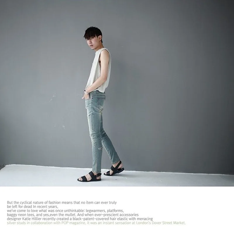 Knee Hole Jeans for Men Light Blue Slim Fit Light Straight-Leg Skinny Pants Male Distressed Jeans Vintage Men Jeans Trousers