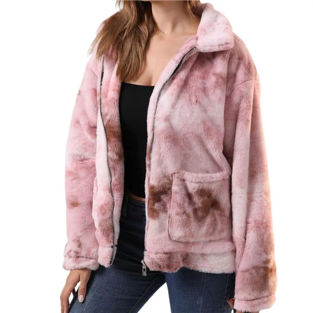 

Autumn Casual Contrast Plush Coat Lapel Warm Tie-dye Lapel Collar Design Women Coat Cardigan for Daily Outwear