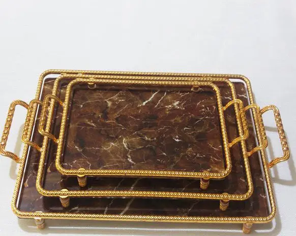 

DOLBOVI 3'lü Gold Coffee Marble Patterned Glass Marbled tray Set tray поднос plateau de service